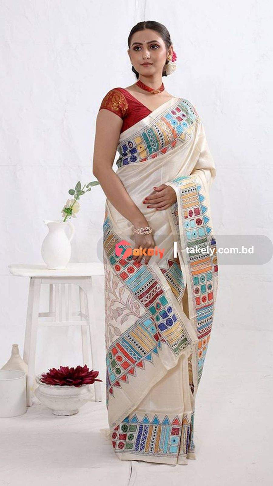 Cream Kantha Stitch Print Pure Silk Saree With Blouse Piece |