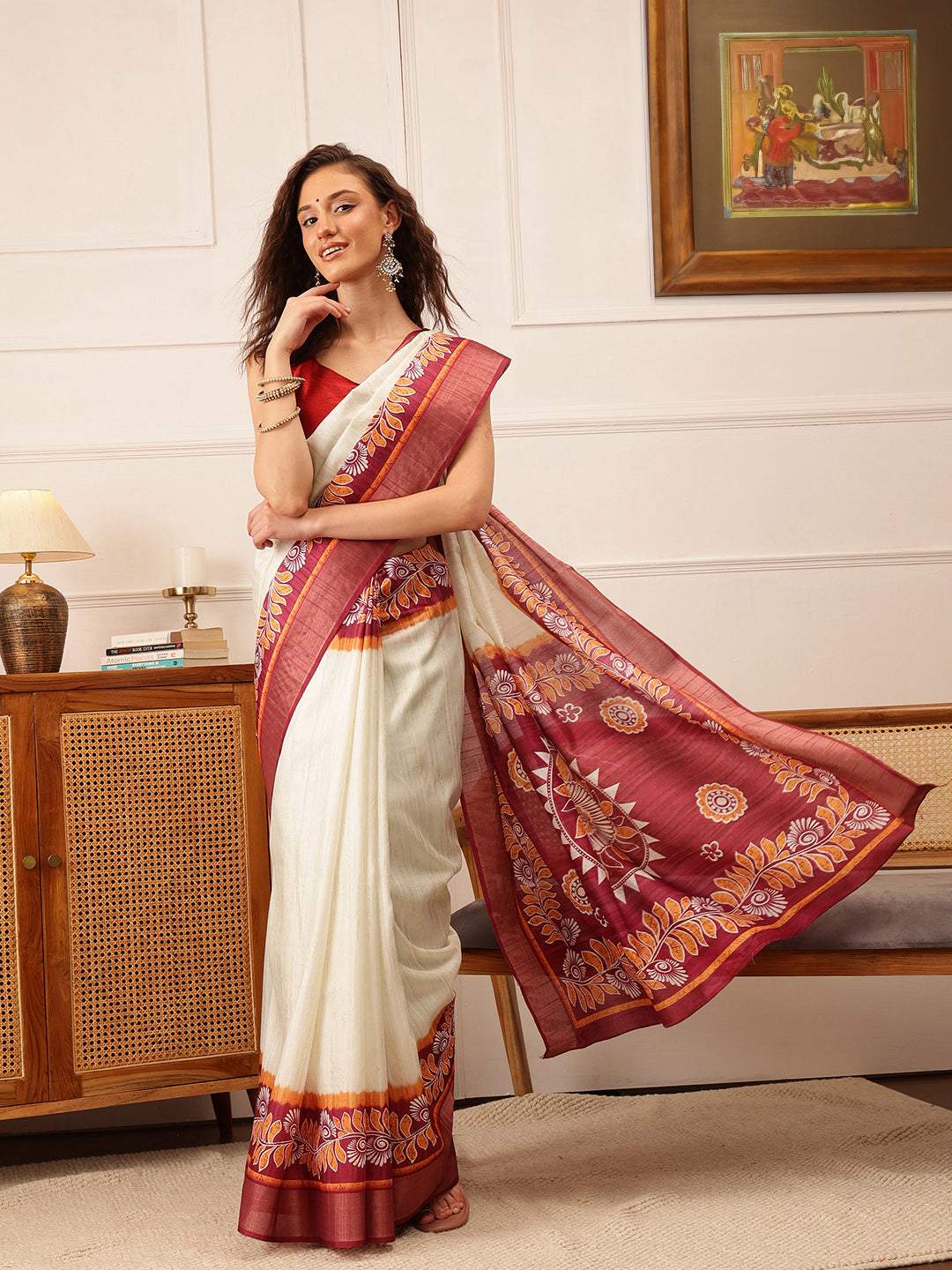 Cream Katan Par Pure Silk Saree With Blouse Piece |