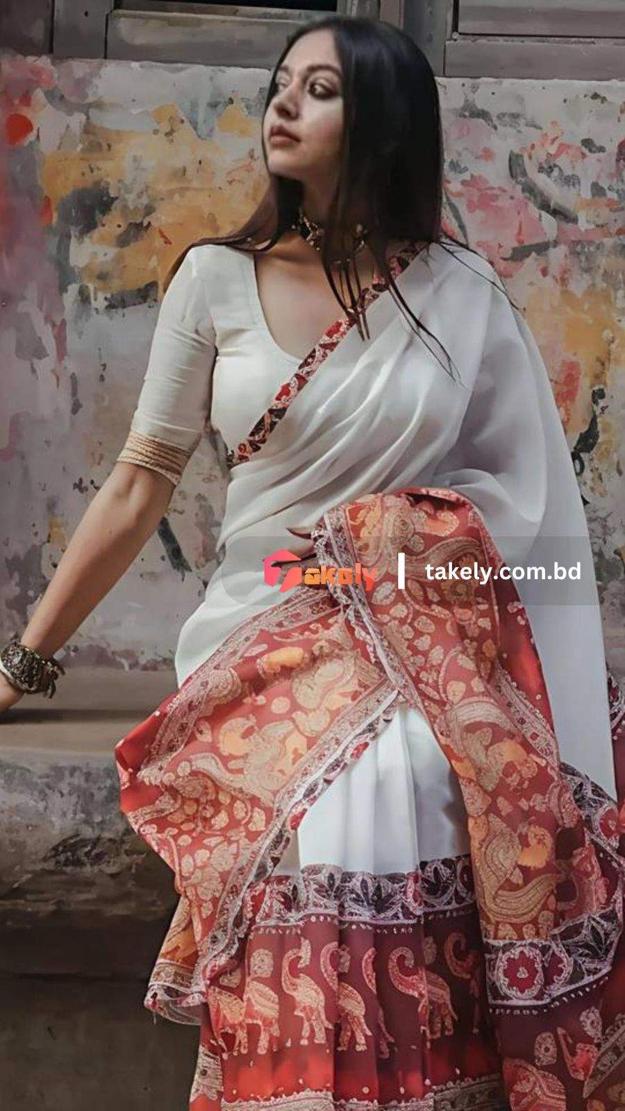 White Leaf Digital Printed Linen Cotton Saree |