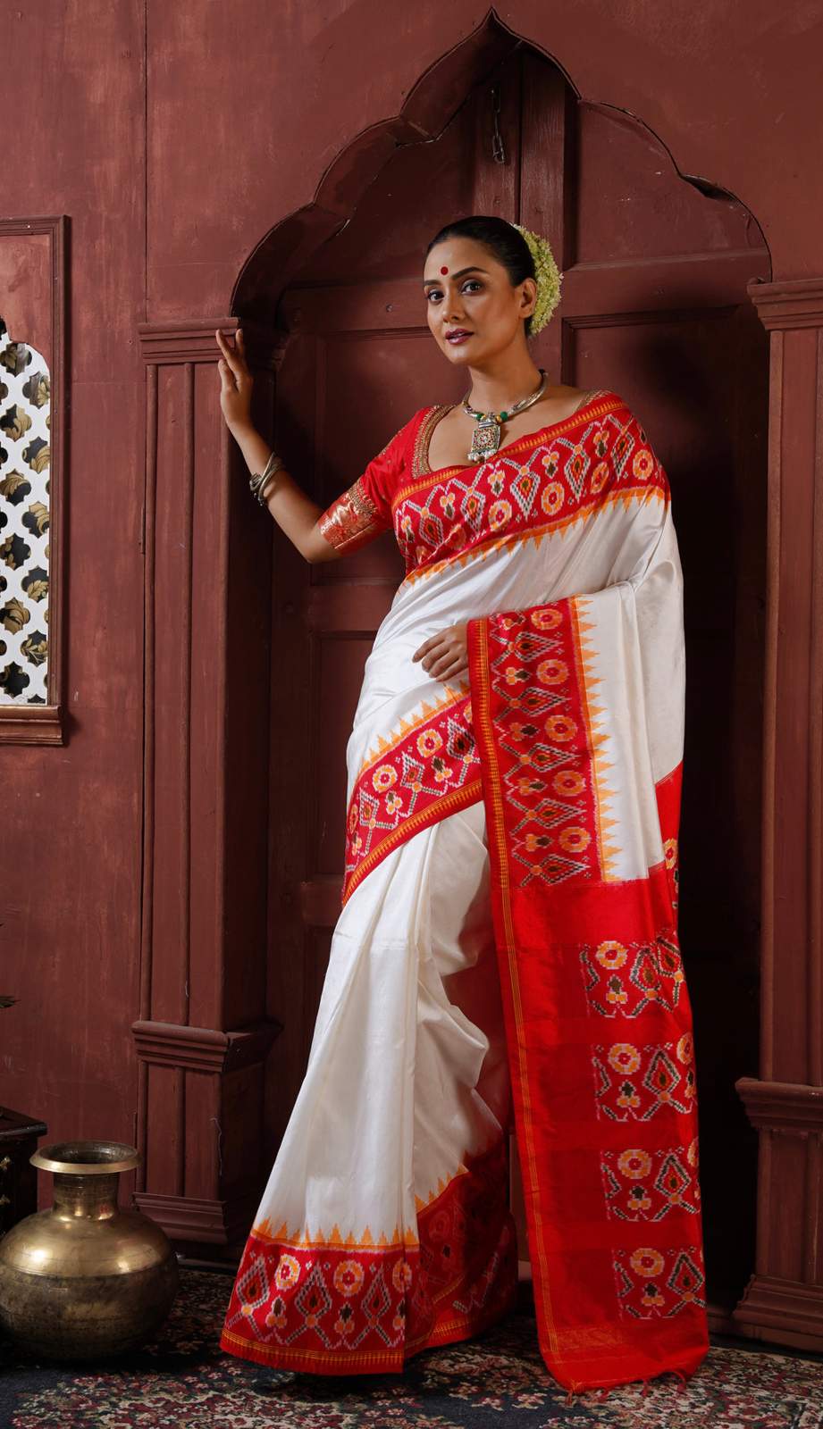 Pure Silk White Red Digital Print Saree |