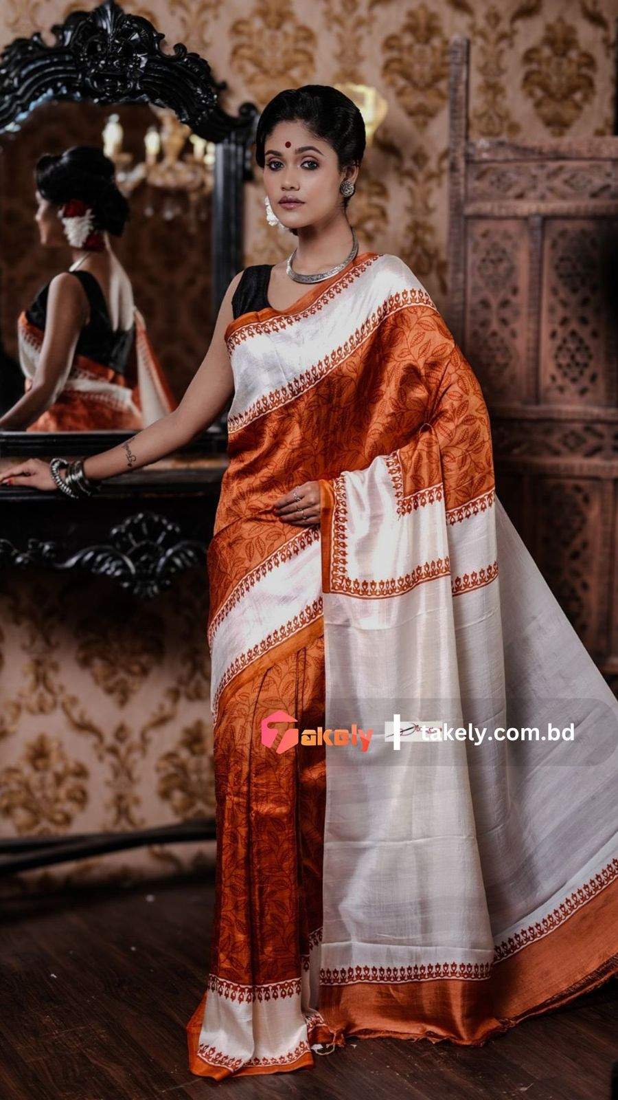 Elegant Orange & White Digital Print Saree |