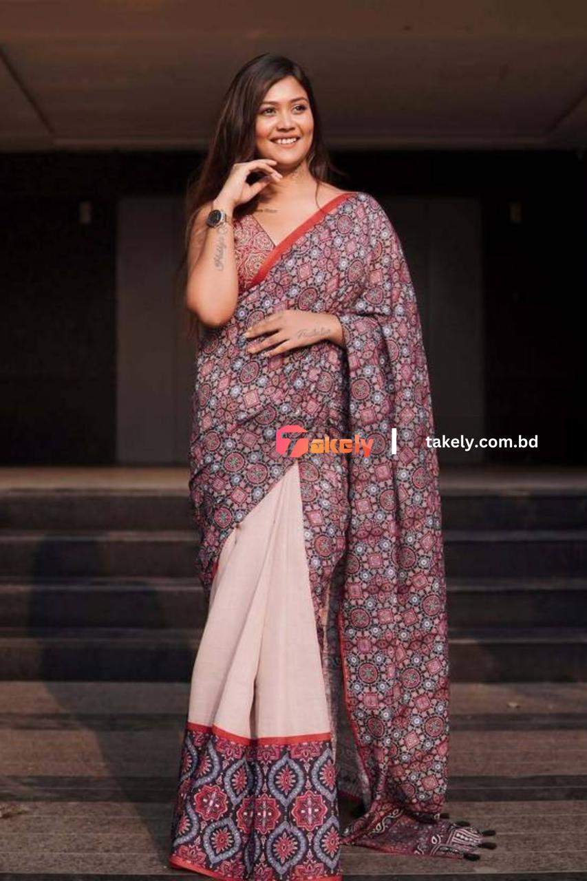 Cream Color Cotton Linen Saree Digital Print |
