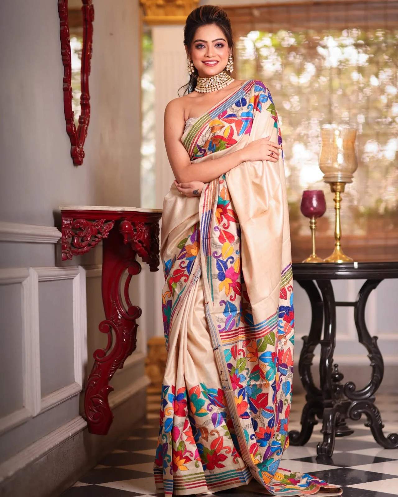 Cream Color Pure Soft Silk Digital Print Saree |