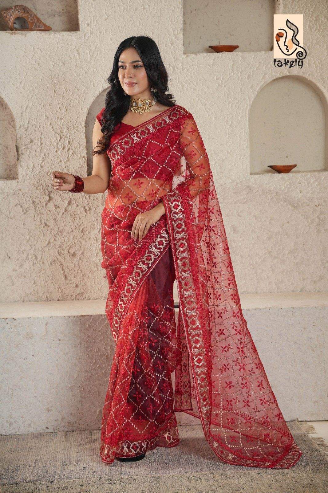 Maroon Color Organza Silk Embroidery Saree With Running Blouse |