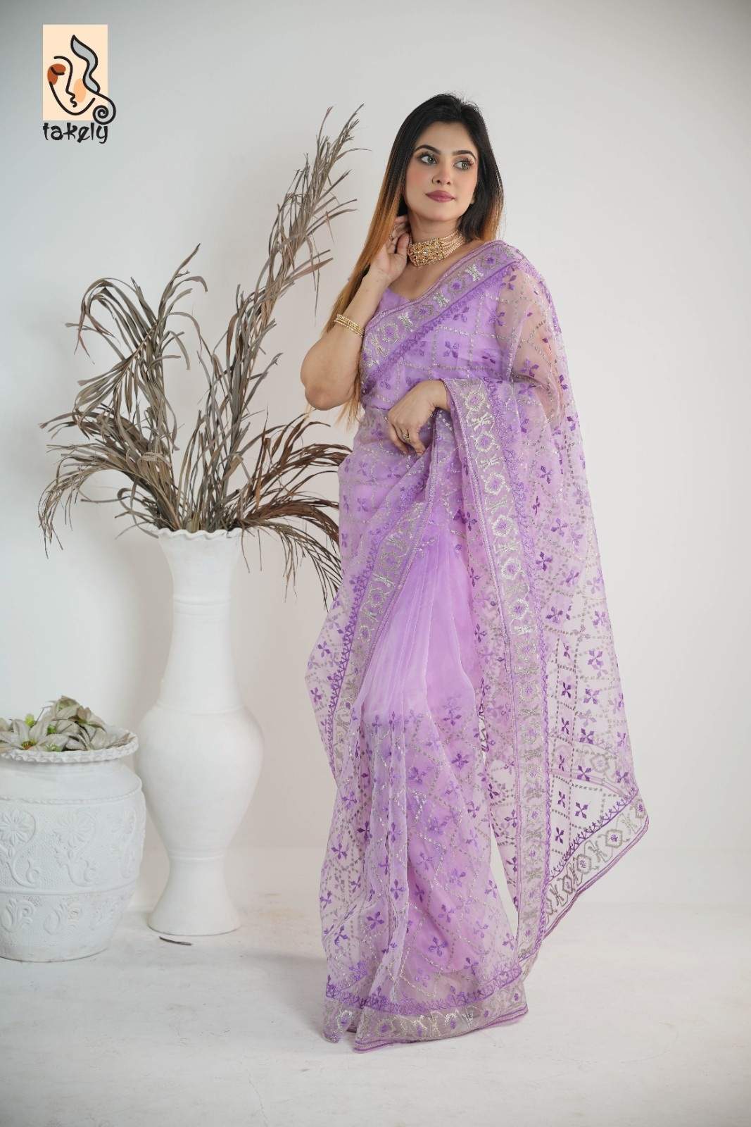 Purple Color Organza Silk Embroidery Saree With Running Blouse |