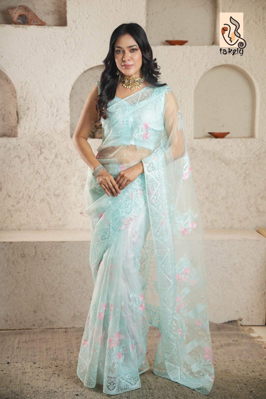 Light Sky Color Organza Silk Embroidery Saree With Running Blouse |