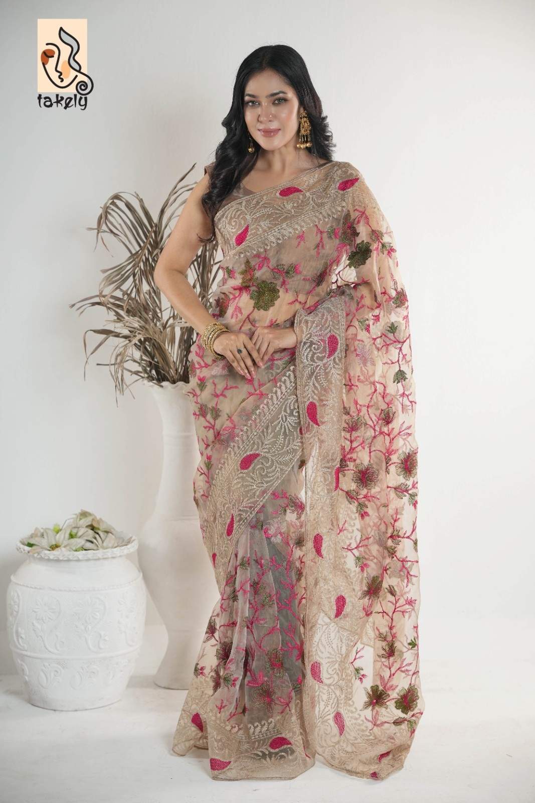Nude Color Organza Silk Embroidery Saree With Running Blouse |