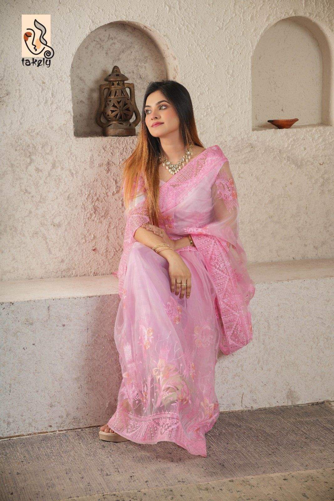 Baby Pink Color Organza Silk Embroidery Saree With Running Blouse |