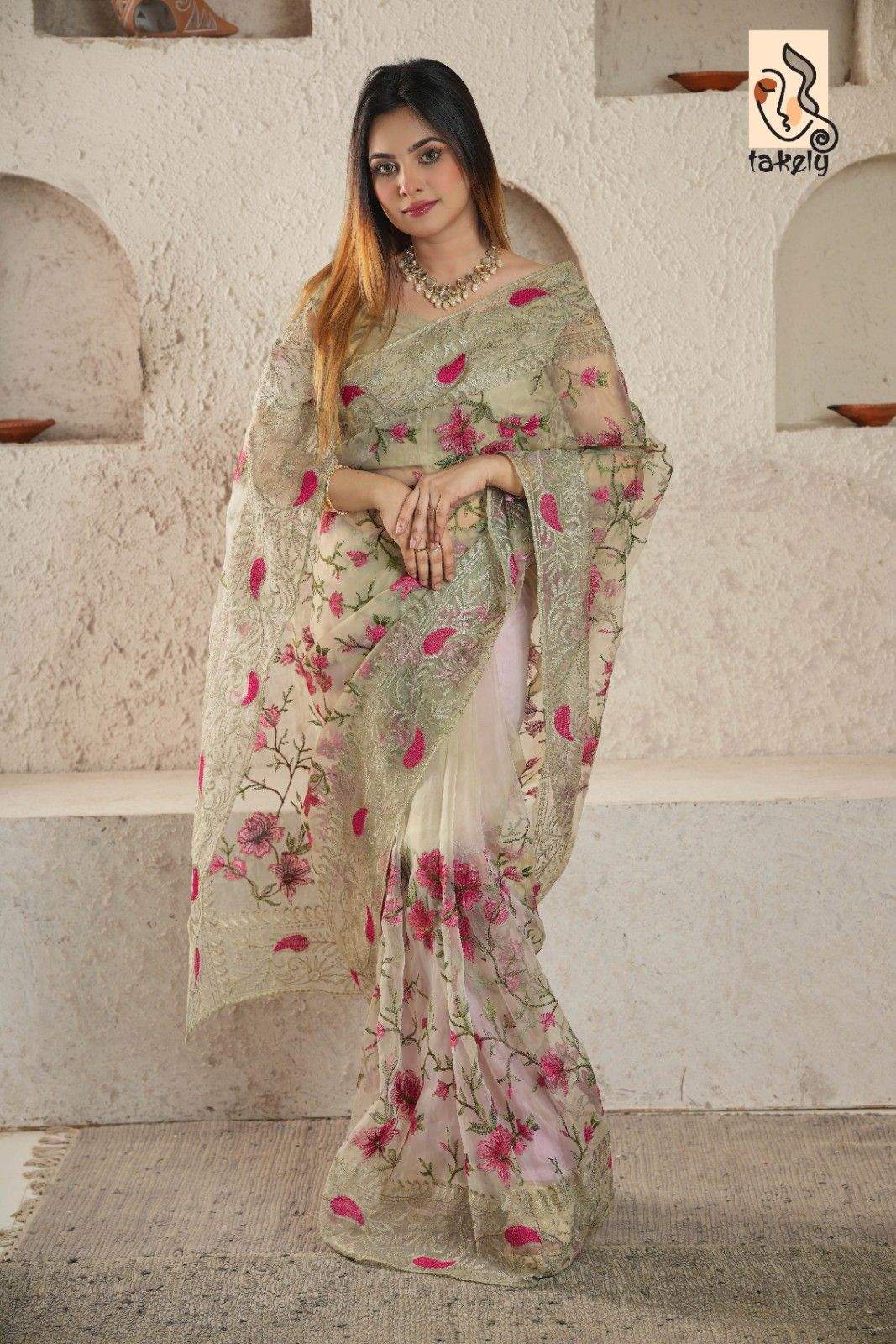 Light Olive Color Organza Silk Embroidery Saree With Running Blouse |