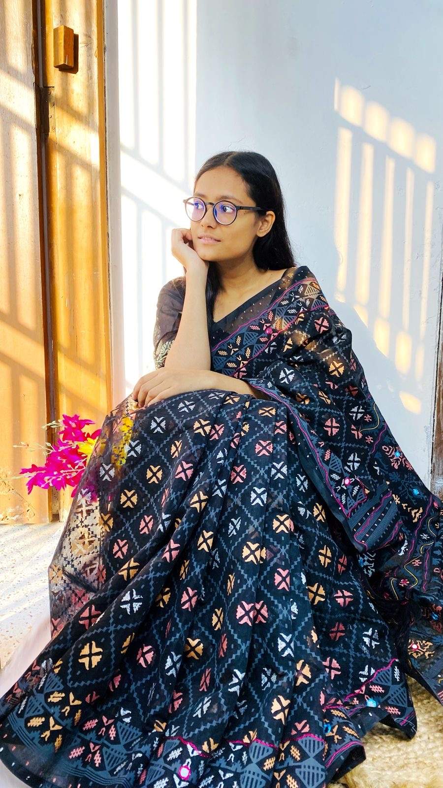 Hand Block Print With Mirror Work Saree |
