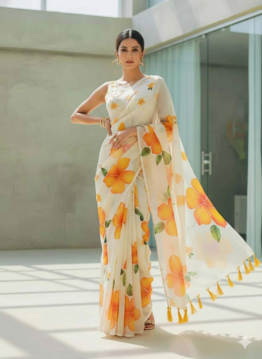Organza Silk Printed Saree With Blouse Piece |