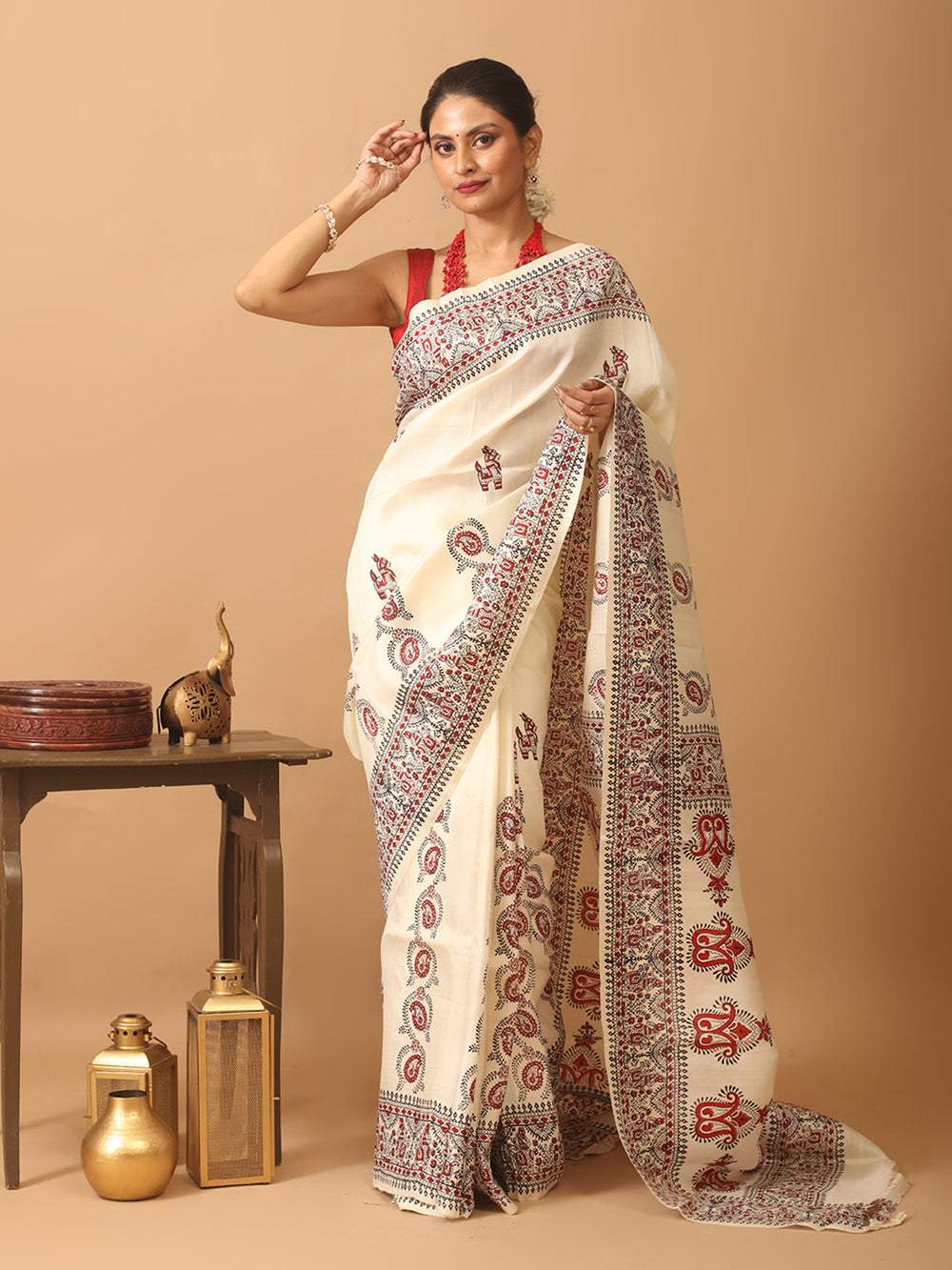 Cream Pure Soft Silk Saree with Red-Black Digital Prints |