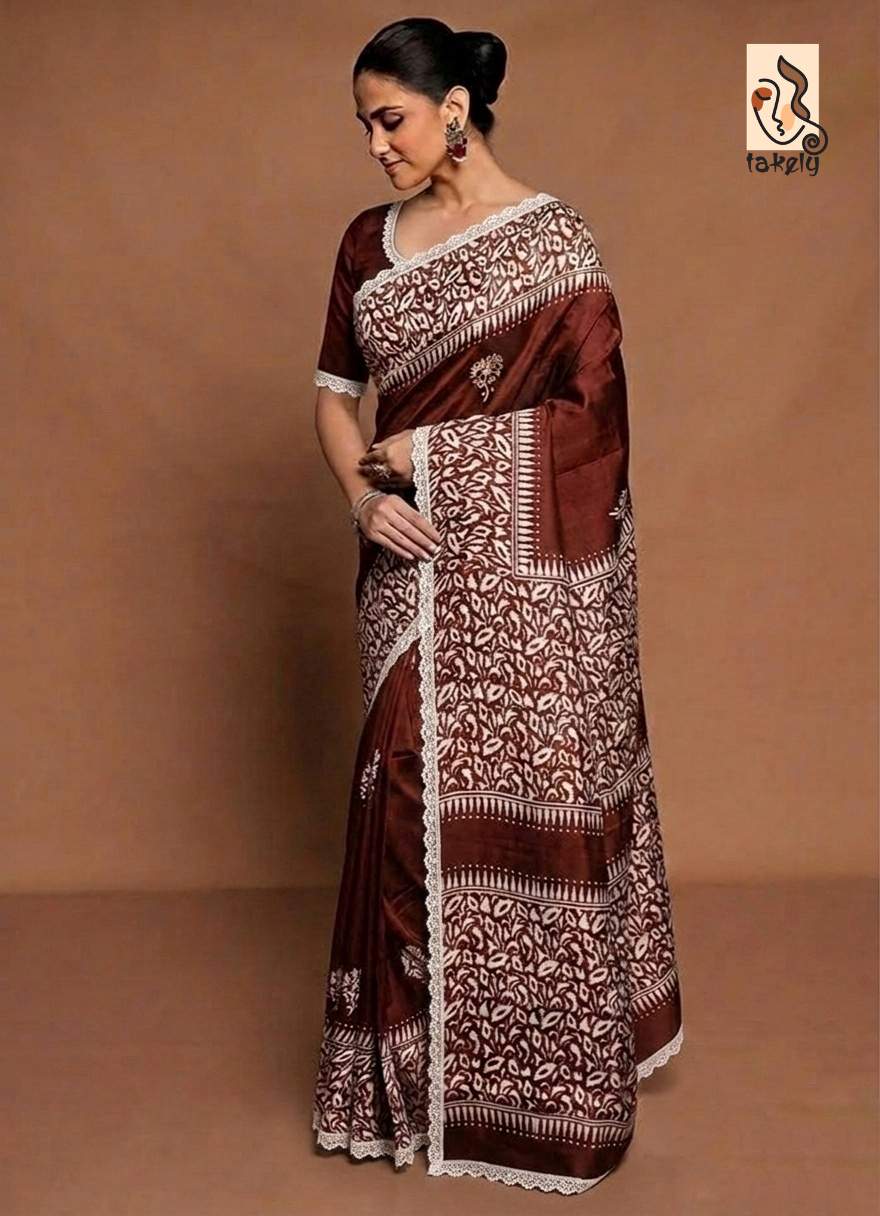 Chocolate Brown Ivory Digital Print Pure Silk Saree With Blouse Piece