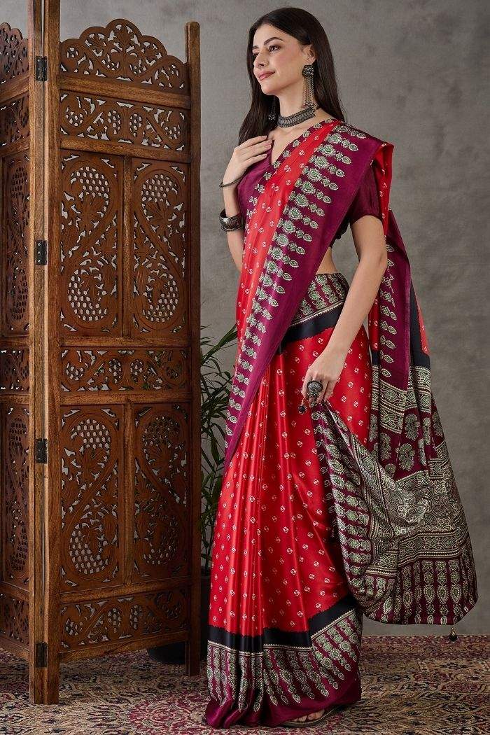 Brick Red Ajrakh Printed Soft Takely Silk Saree |