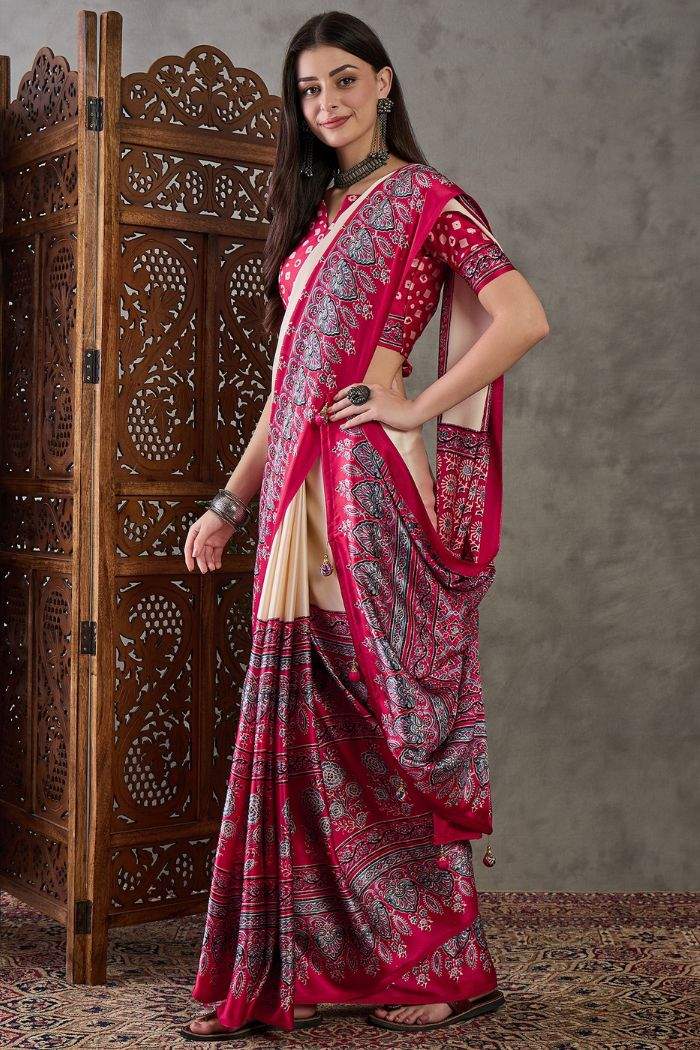 Dust Cream and Red Ajrakh Printed Soft Takely Silk Saree |