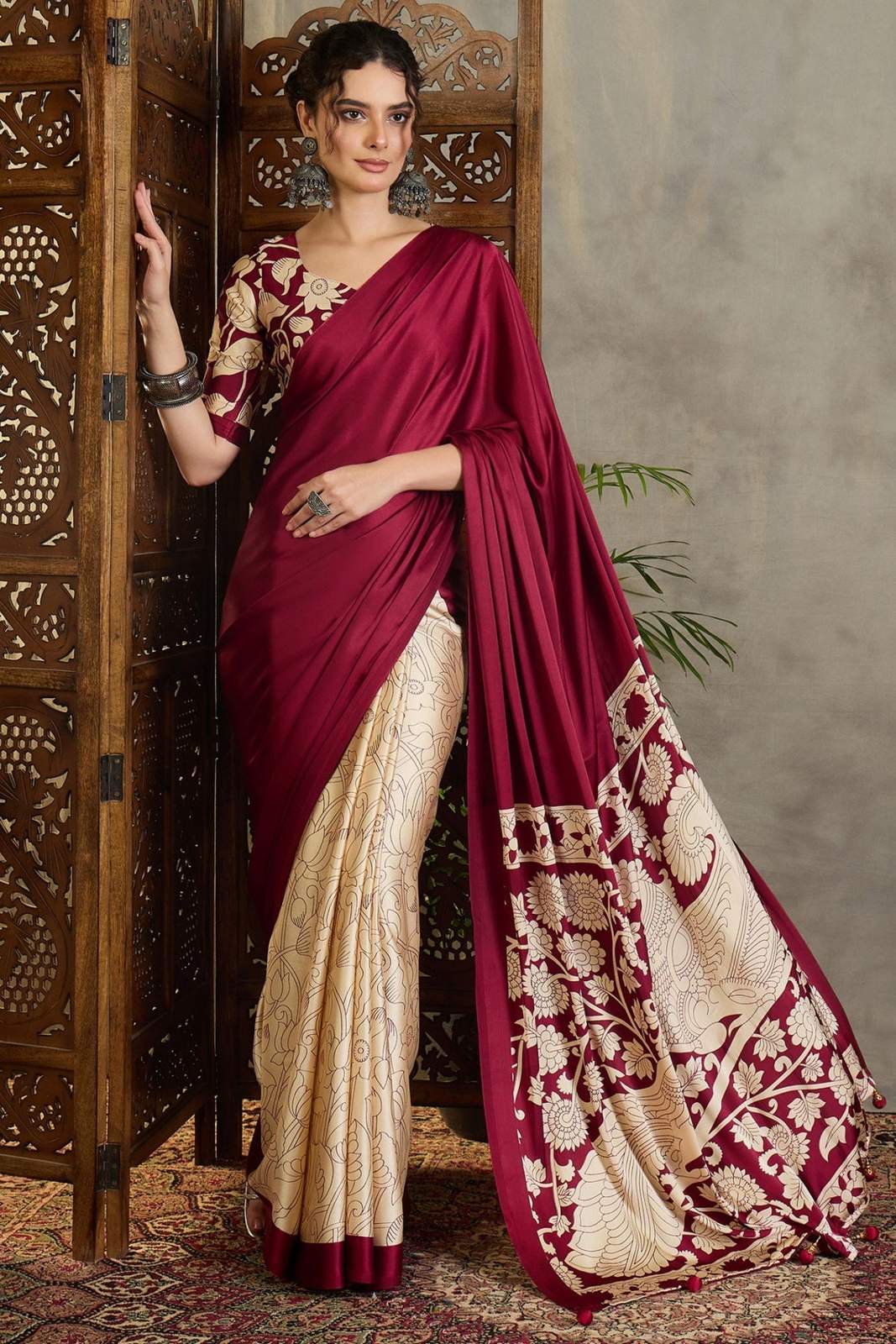 Vintage Maroon Kalamkari Printed Soft Silk Saree |