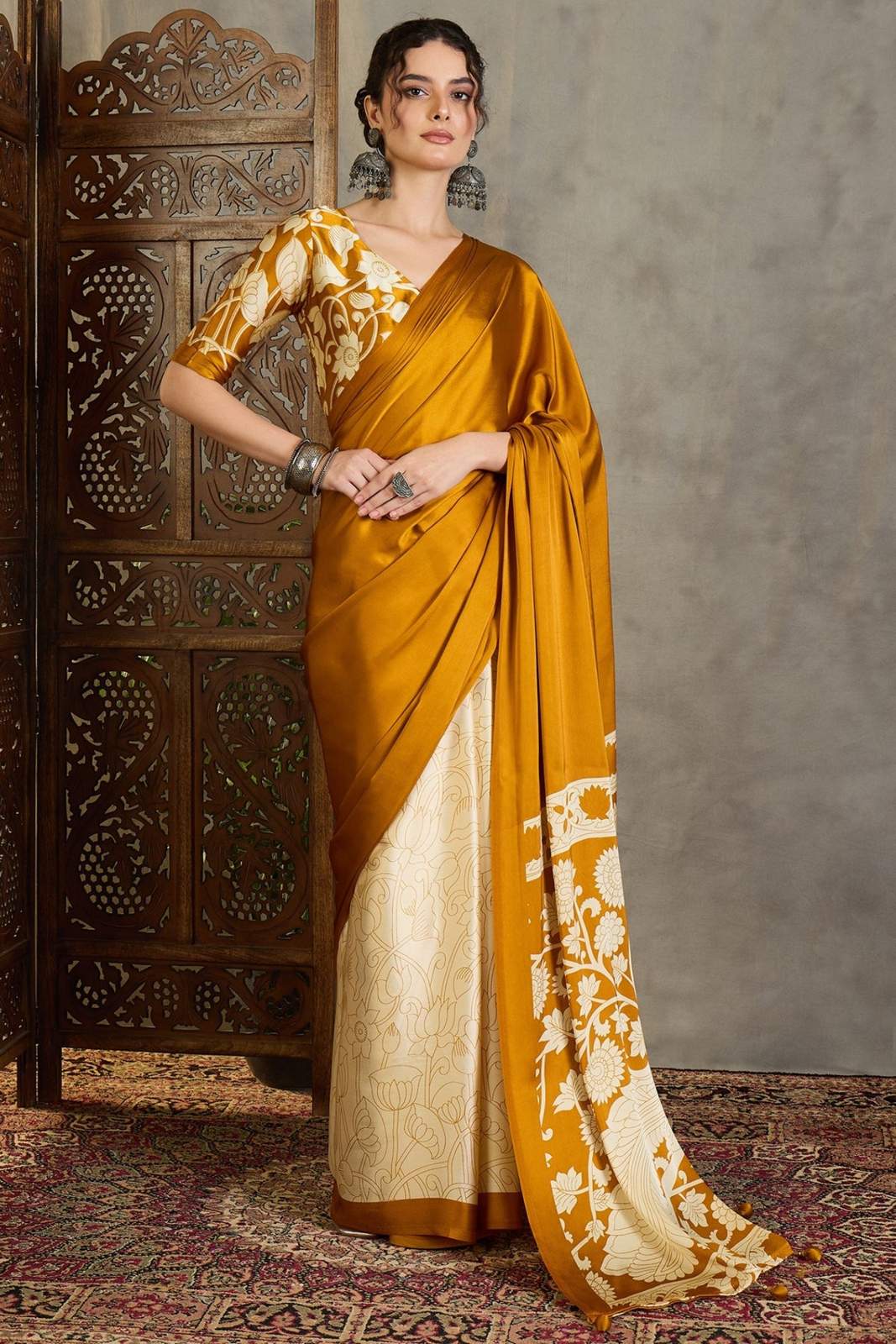 Pineapple Yellow Kalamkari Printed Soft Silk Saree |