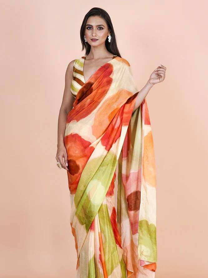Multicolor Glossy Soft Silk Digital Print Saree with Unstitched Blouse Piece |