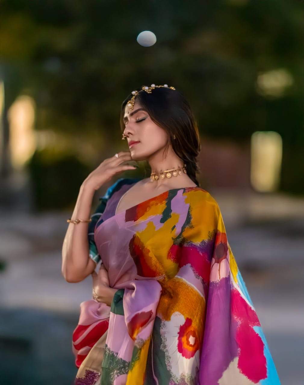 Soft Glossy Silk Digital Print Saree With Unstitched Blouse Piece