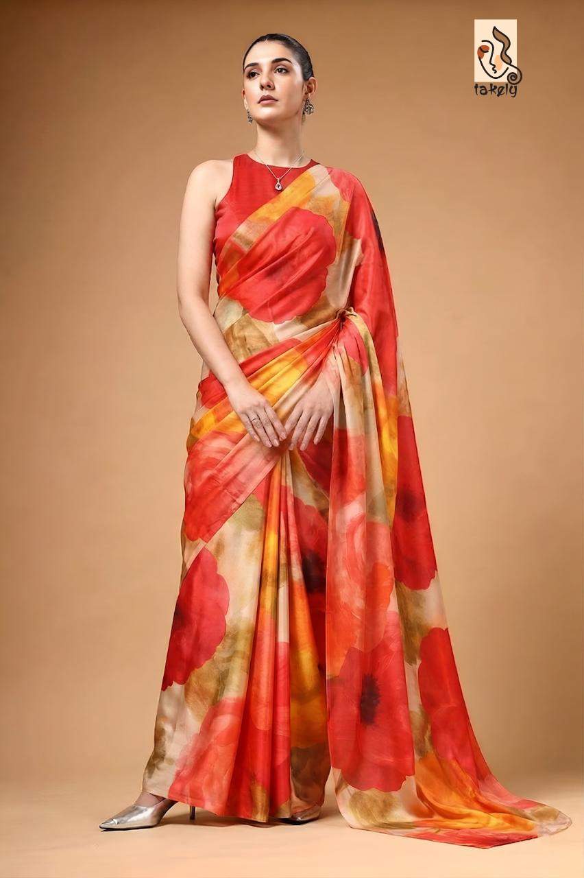 Multicolor Glossy Soft Silk Digital Print Saree with Unstitched Blouse Piece |
