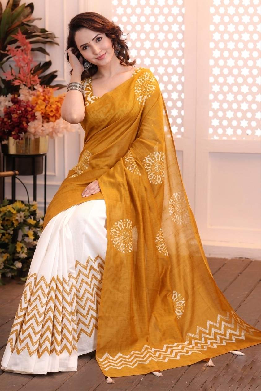 Mustard And White Chanderi Silk Digital Print Saree With Unstitched Blouse Piece |