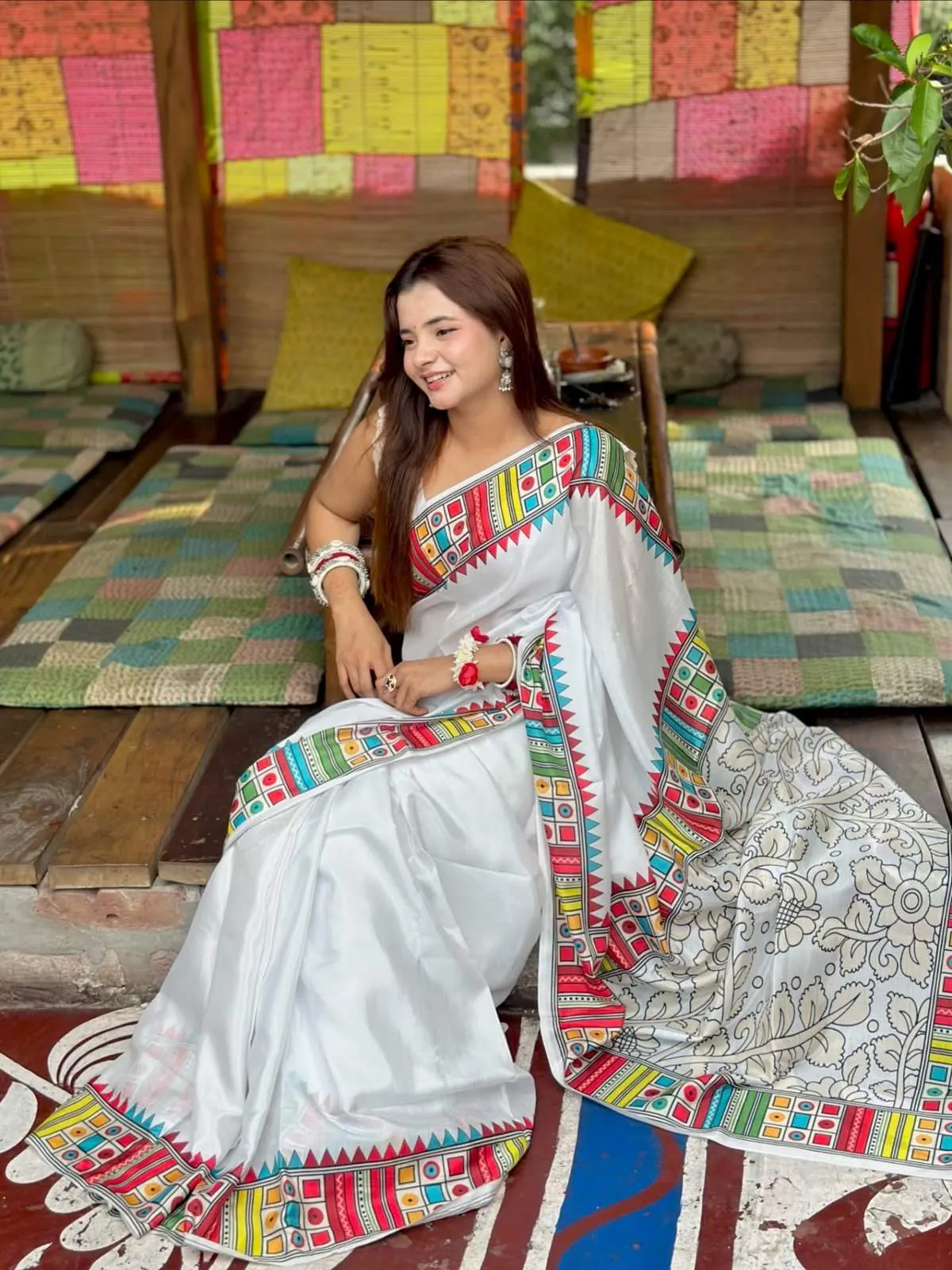 Kantha Stitch Print Pure Silk Saree With Blouse Piece