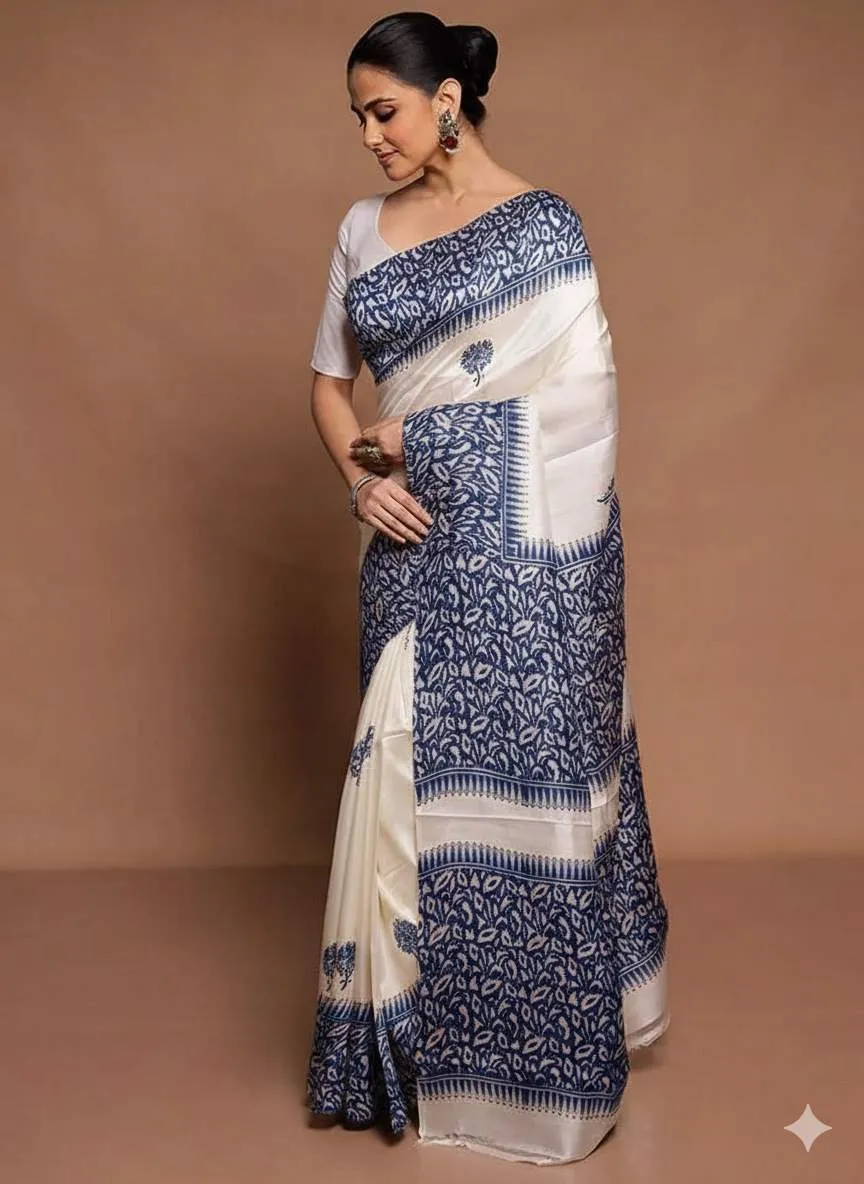 Cream Digital Print Pure Silk Saree With Blouse Piece |