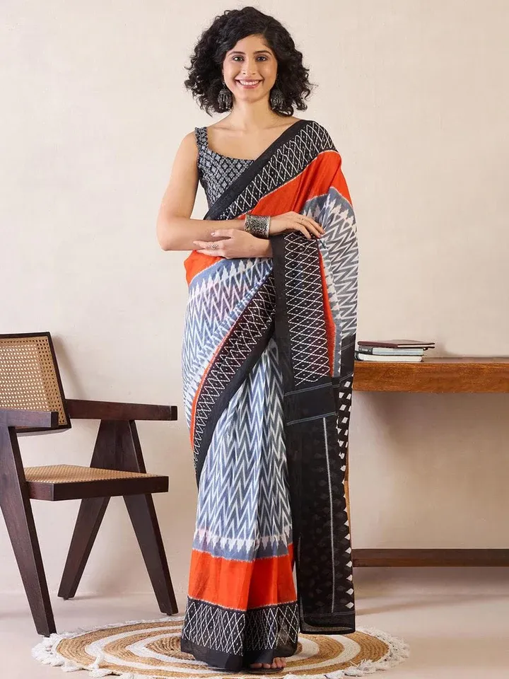 অগ্নিশিখা | Premium Chanderi Silk Black & Orange Digital Print Saree