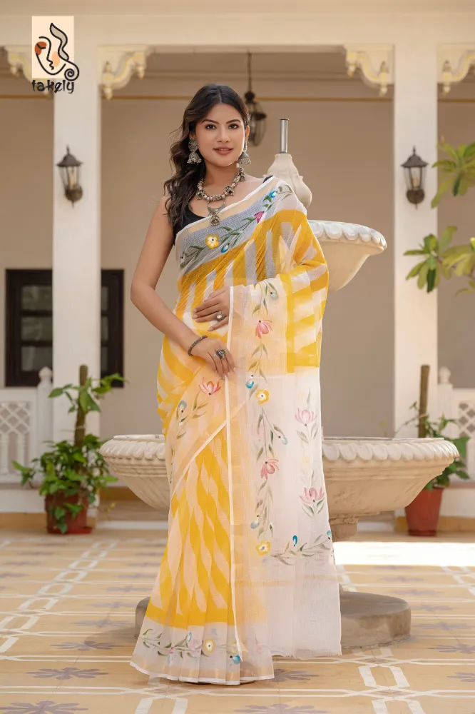 Traditional Block Design Digital Print Kota Doria Cotton Saree - Yellow