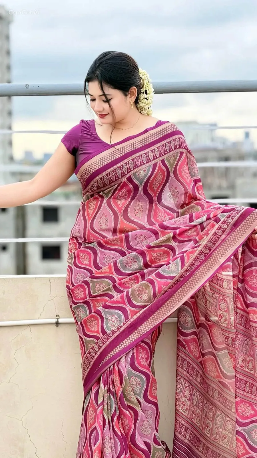 রঙমাধুরী | Premium Multicolour Soft Glossy Silk Digital Print Saree