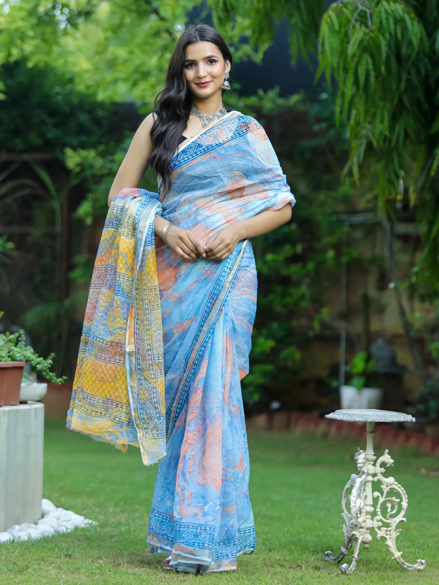 Nilpoddo Premium Kota Doria Cotton Saree | Multicolour Digital Print