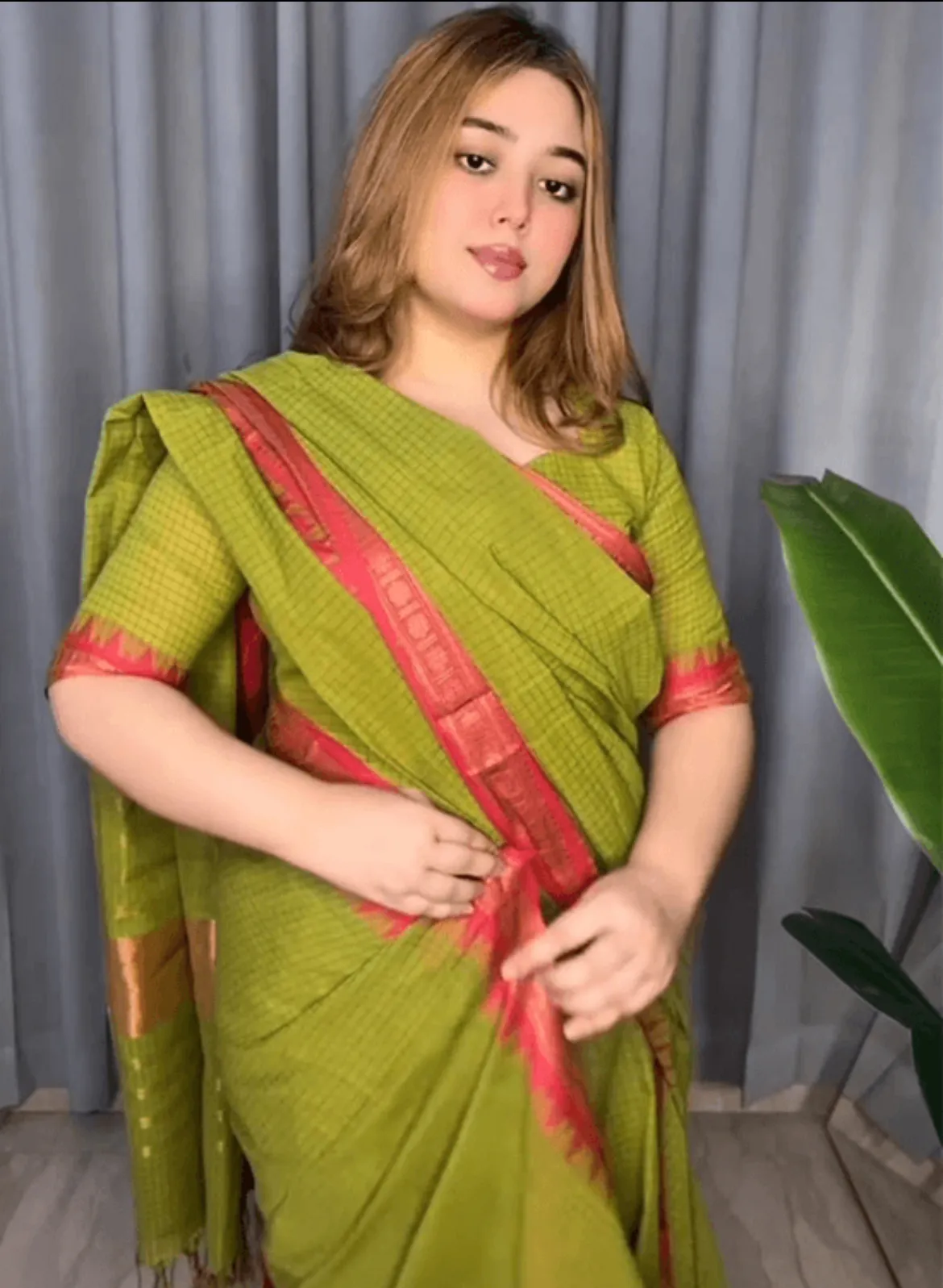 Premium 100% Pure Cotton Handloom Saree – Green & Pink