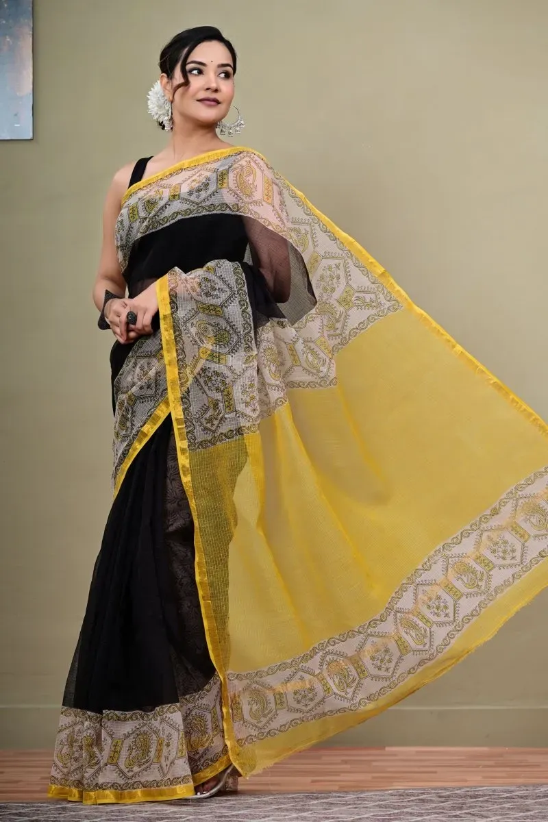 Traditional Block Design Digital Print Kota Doria Cotton Saree